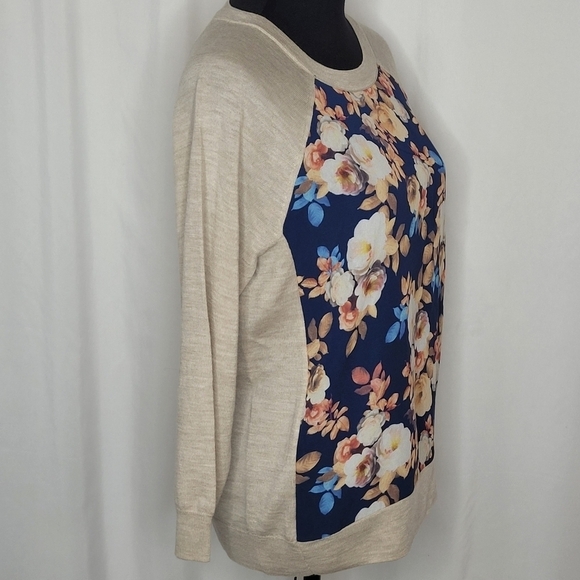 J Crew Merino Wool Floral Silk Panel 3/4 Sleeve Lightweight Sweater Top - Size M - Picture 6 of 14